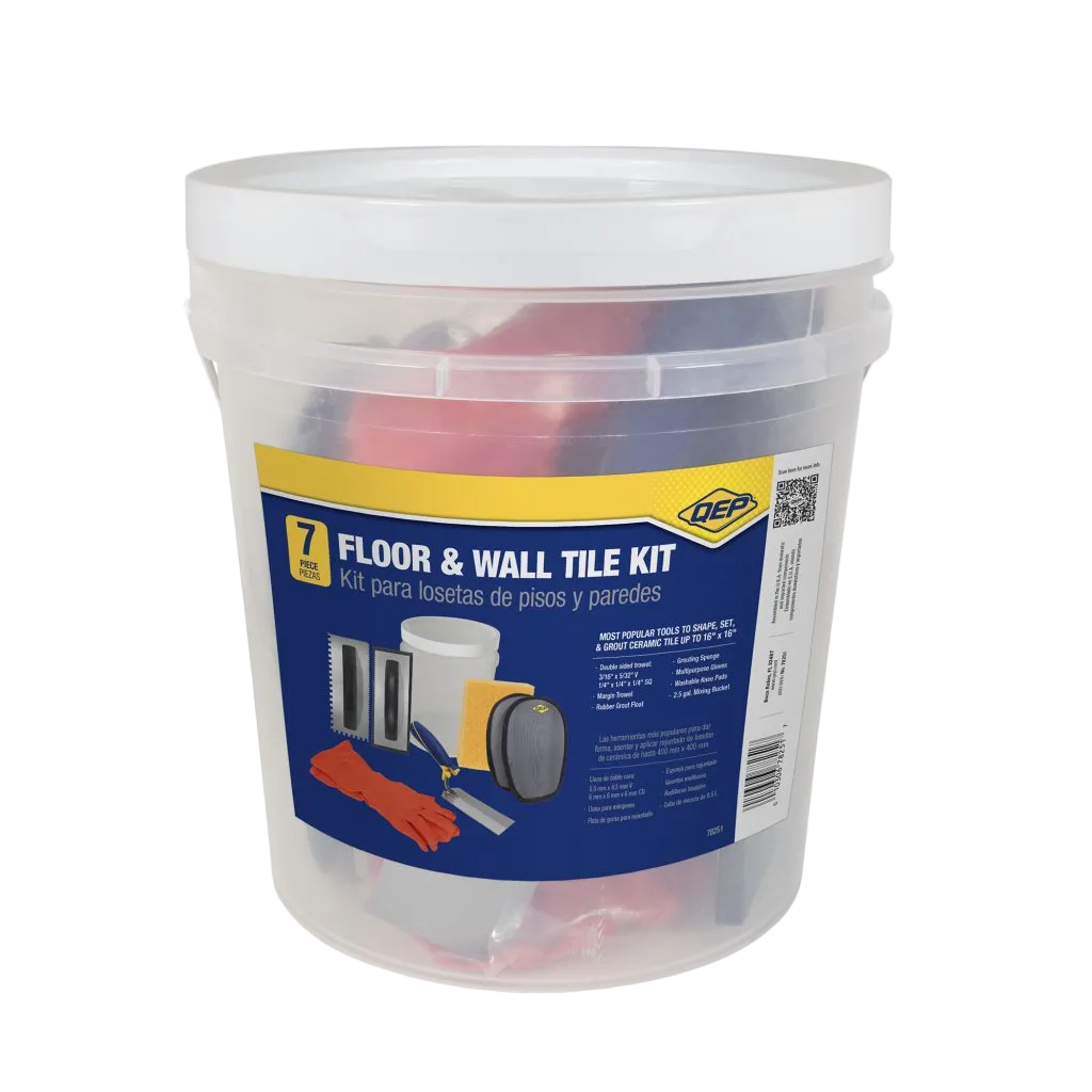 QEP's floor and wall tile installation bucket kit on a transparent background