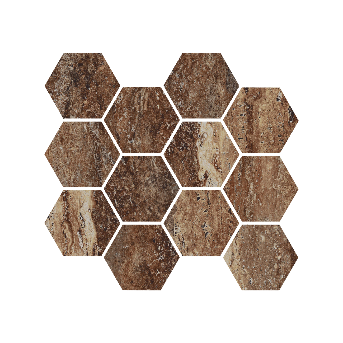 Travertine 9x11" - 8mm Matte & Polished Porcelain 3" Hexagon Mesh Mosaic