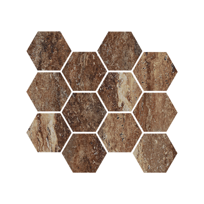 Travertine 9x11" - 8mm Matte & Polished Porcelain 3" Hexagon Mesh Mosaic