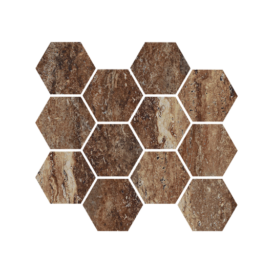 Travertine 9x11" - 8mm Matte & Polished Porcelain 3" Hexagon Mesh Mosaic