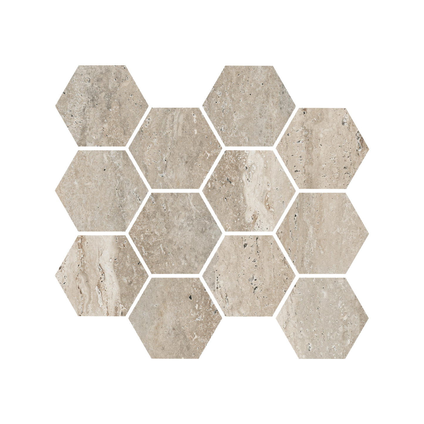 Travertine 9x11" - 8mm Matte & Polished Porcelain 3" Hexagon Mesh Mosaic