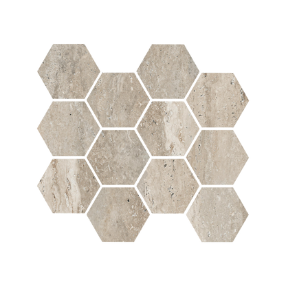 Travertine 9x11" - 8mm Matte & Polished Porcelain 3" Hexagon Mesh Mosaic