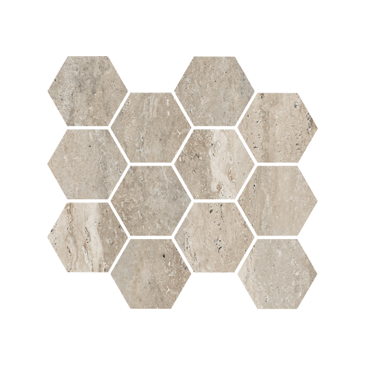 Travertine 9x11" - 8mm Matte & Polished Porcelain 3" Hexagon Mesh Mosaic