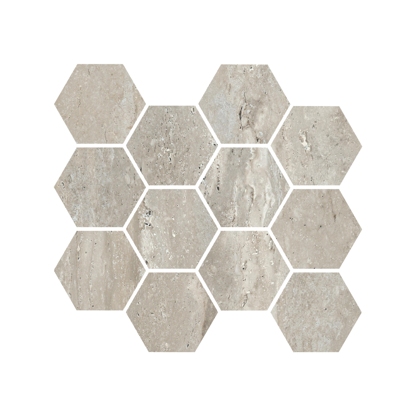 Travertine 9x11" - 8mm Matte & Polished Porcelain 3" Hexagon Mesh Mosaic