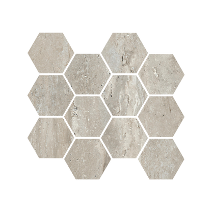 Travertine 9x11" - 8mm Matte & Polished Porcelain 3" Hexagon Mesh Mosaic