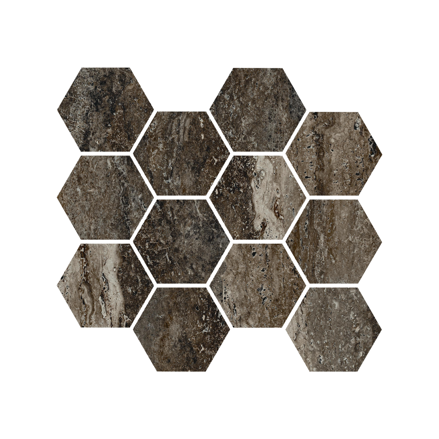Travertine 9x11" - 8mm Matte & Polished Porcelain 3" Hexagon Mesh Mosaic