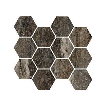 Travertine 9x11" - 8mm Matte & Polished Porcelain 3" Hexagon Mesh Mosaic