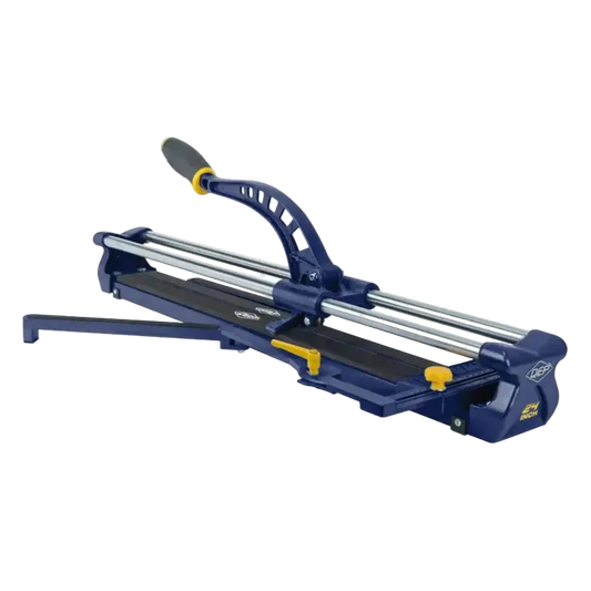 Tile cutter with blue and yellow design on a white background